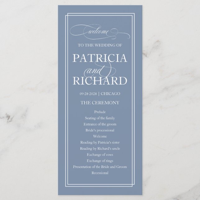 Dusty Blue Elegant Wedding Ceremony Program 9x4 (Front)