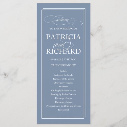 Dusty Blue Elegant Wedding Ceremony Program 9x4