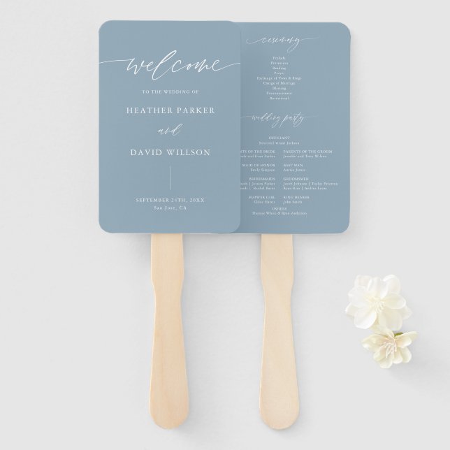 Dusty Blue Elegant Wedding Ceremony Program Hand Fan (Front and Back)