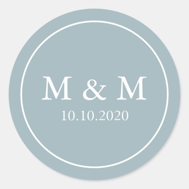 Dusty Blue Elegant  Wedding Classic Monogram Round Sticker (Front)