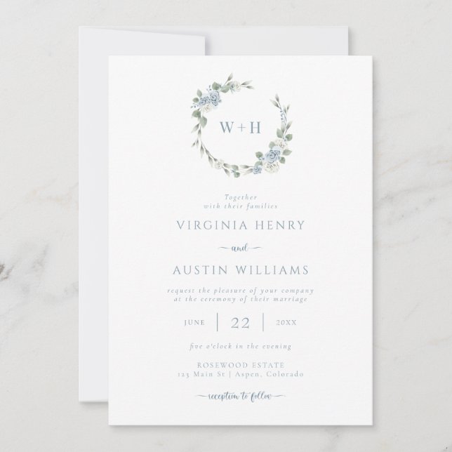 Dusty Blue Elegant Wedding Invitation (Front)