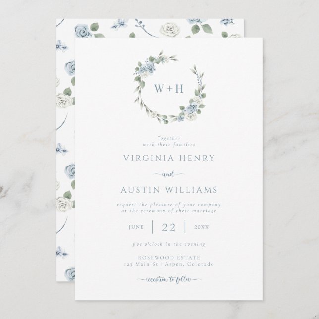 Dusty Blue Elegant Wedding Invitation (Front/Back)