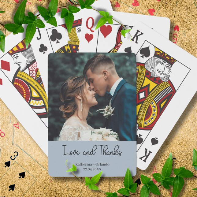 Dusty Blue Elegant Wedding Love and Thanks Photo Poker Cards (Creator Uploaded)