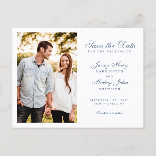 Dusty Blue Elegant Wedding Save The Date  Invitation Postcard