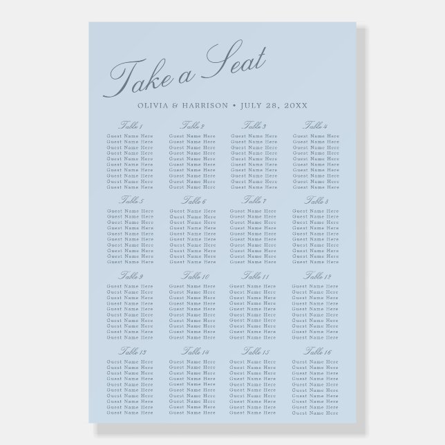 Dusty Blue Elegant Wedding Seating Chart Sign (Front)