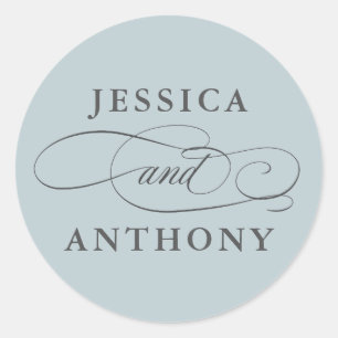 Dusty Blue Elegant Wedding with Couple's Names Classic Round Sticker