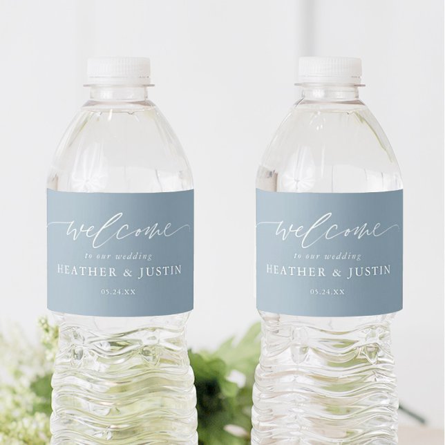 Dusty Blue Elegant Welcome Wedding Water Bottle Label (Creator Uploaded)