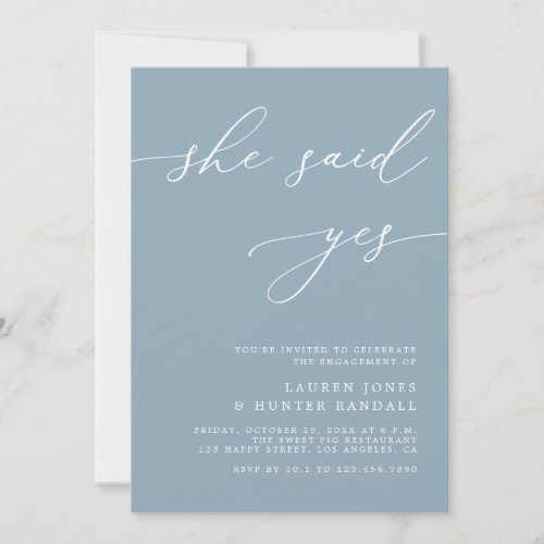 Dusty Blue Elegant Whimsical Yes Engagement Party  Invitation