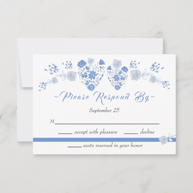 Dusty Blue Elegant White Gray Floral Heart Wedding Invitation (Front)