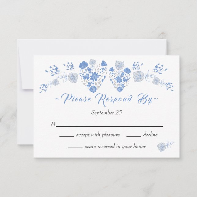 Dusty Blue Elegant White Gray Floral Heart Wedding Invitation (Front)
