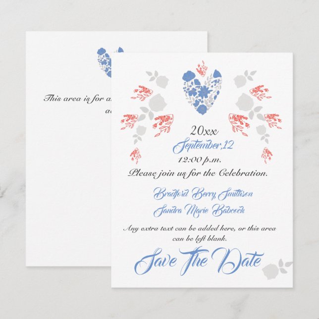 Dusty Blue Elegant White Gray Floral Heart Wedding Save The Date (Front/Back)