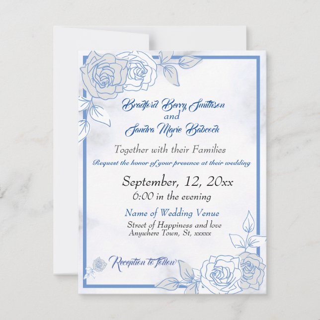 Dusty Blue Elegant White Gray Floral Heart Wedding Save The Date (Front)