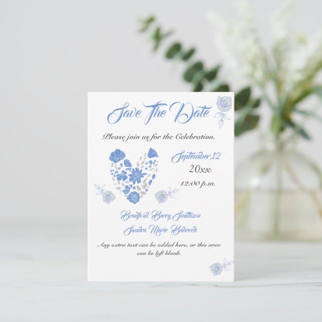 Dusty Blue Elegant White Gray Floral Heart Wedding Save The Date (Standing Front)