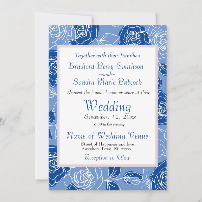 Dusty Blue Elegant White Gray Floral Rose Wedding Invitation (Front)