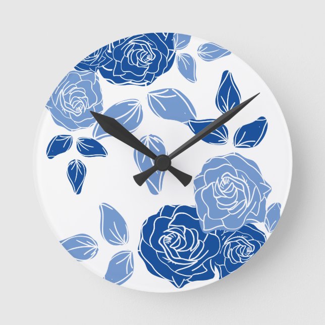 Dusty Blue Elegant White Gray Floral Simple Round Clock (Front)