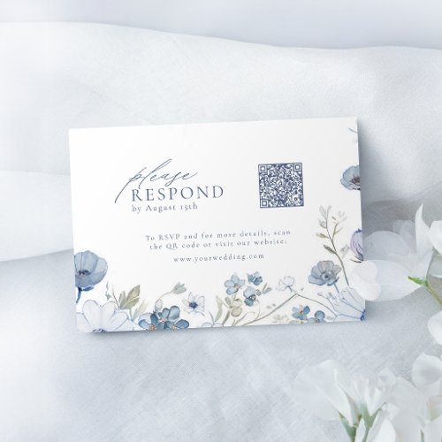 Dusty Blue Elegant Wildflower Wedding QR code RSVP Card