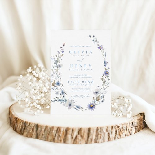Dusty Blue Elegant Wildflower Wreath Wedding  Invitation