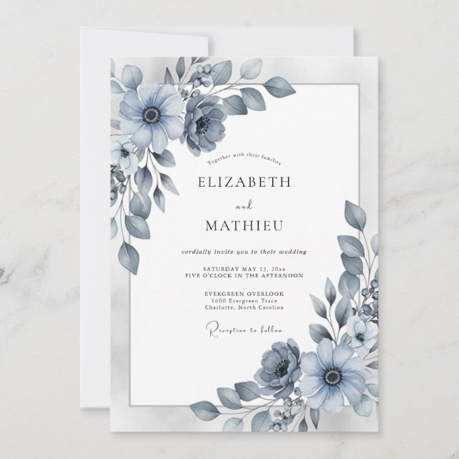 Dusty Blue Elegant Winter Wedding Invitation (Front)