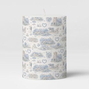 Dusty Blue English Village Wedding Watercolor Pillar Candle