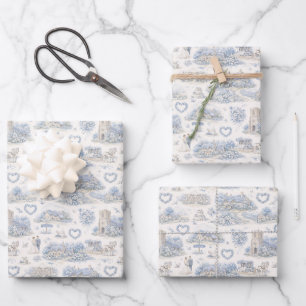 Dusty Blue English Village Wedding Watercolor Wrapping Paper Sheets