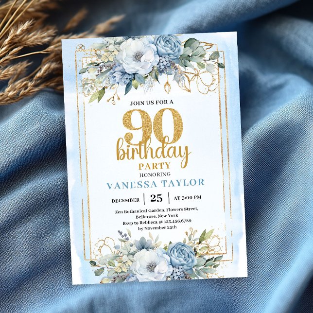 Dusty Blue Eucalyptus 90th Birthday Elegant Invite (Dusty Blue Eucalyptus 90th Birthday Elegant Invitation Gold Frame)