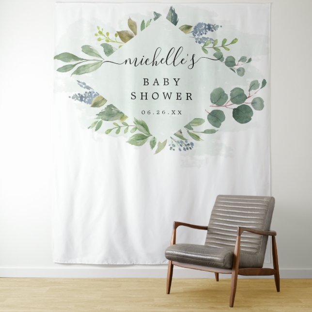 Dusty Blue Eucalyptus Baby Shower Decor Backdrop (In Situ)