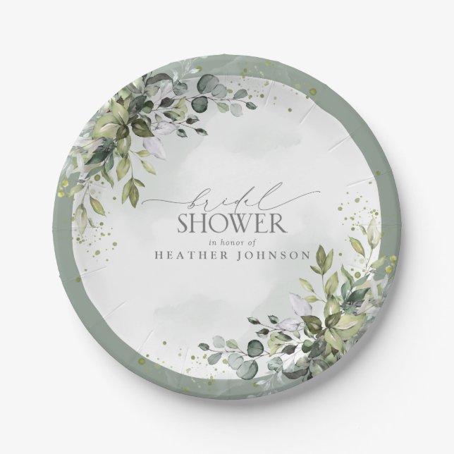Dusty Blue Eucalyptus Botanical Bridal Shower Paper Plates (Front)