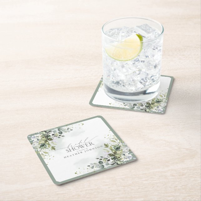 Dusty Blue Eucalyptus Botanical Bridal Shower Square Paper Coaster (Insitu)
