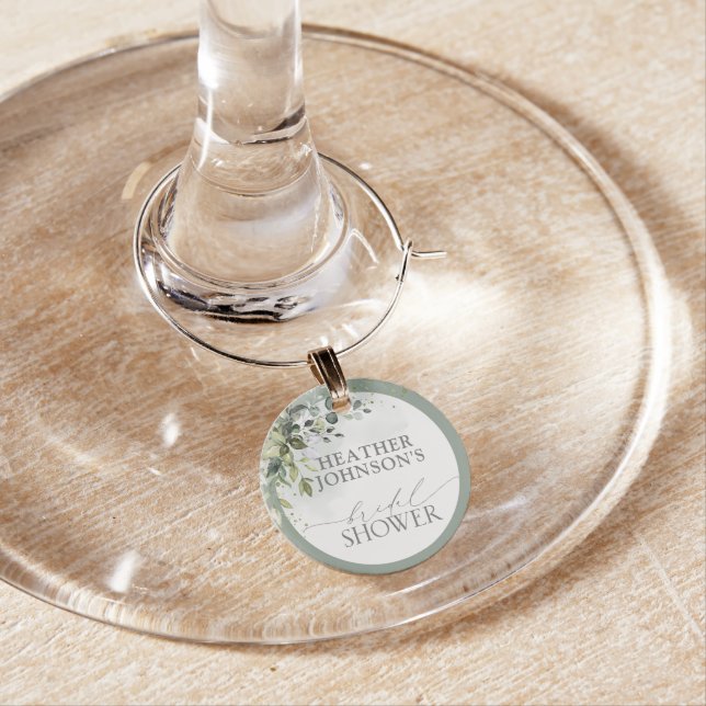 Dusty Blue Eucalyptus Botanical Bridal Shower Wine Charm (In Situ)
