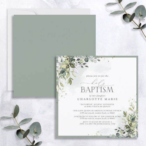 Dusty Blue Eucalyptus Botanical Floral Baptism  Invitation