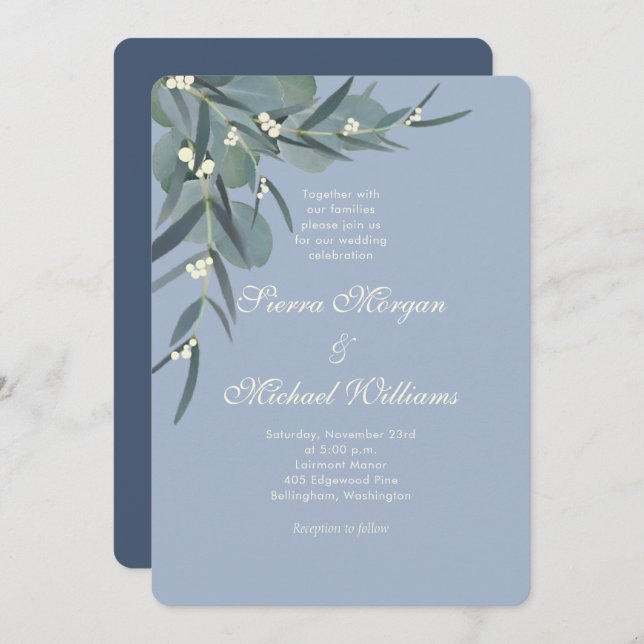 Dusty Blue | Eucalyptus Botanical Wedding Invitation (Front/Back)