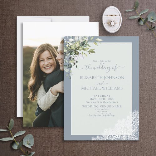 Dusty Blue Eucalyptus Botanical Wood Photo Wedding Invitation