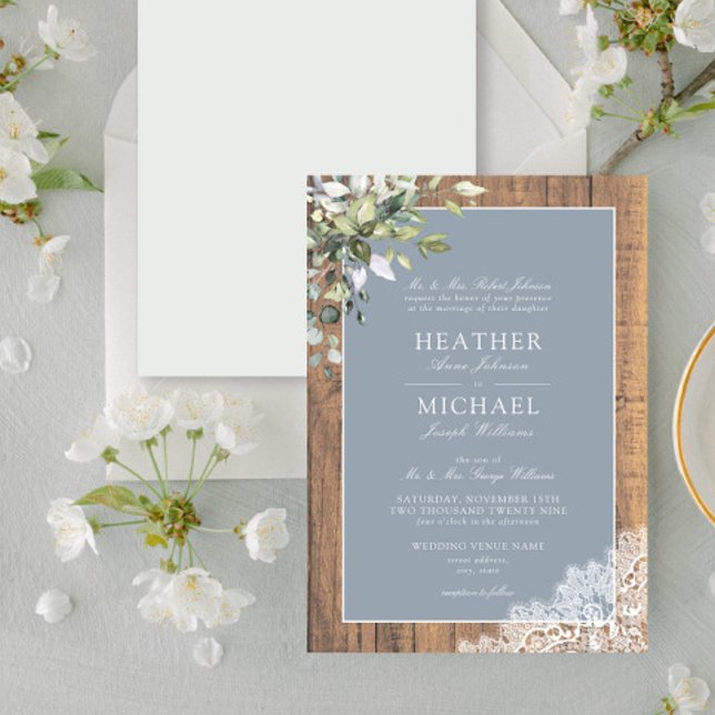 Dusty Blue Eucalyptus Botanical Wood Wedding Invit Invitation (Creator Uploaded)