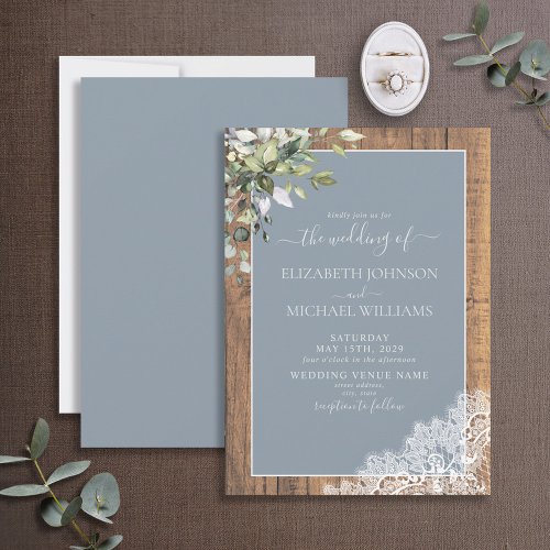 Dusty Blue Eucalyptus Botanical Wood Wedding Invit Invitation
