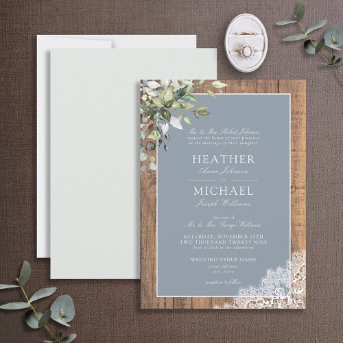 Dusty Blue Eucalyptus Botanical Wood Wedding Invit Invitation