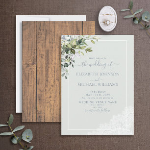 Dusty Blue Eucalyptus Botanical Wood Wedding Invitation