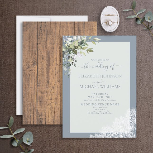 Dusty Blue Eucalyptus Botanical Wood Wedding  Invitation (Creator Uploaded)