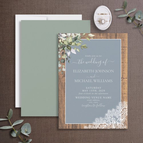 Dusty Blue Eucalyptus Botanical Wood Wedding Invitation