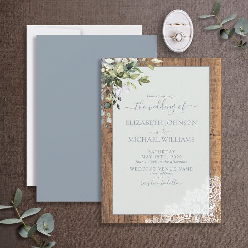 Dusty Blue Eucalyptus Botanical Wood Wedding Invitation