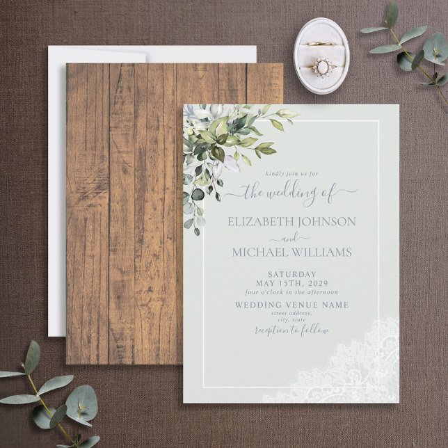 Dusty Blue Eucalyptus Botanical Wood Wedding Invitation (Creator Uploaded)