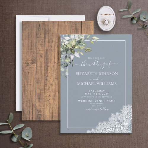 Dusty Blue Eucalyptus Botanical Wood Wedding  Invitation