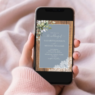 Dusty Blue Eucalyptus Botanical Wood Wedding Invitation