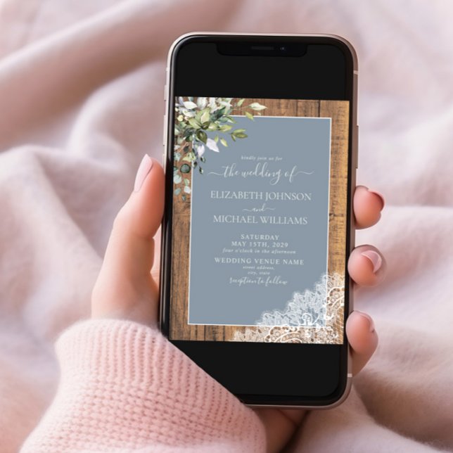 Dusty Blue Eucalyptus Botanical Wood Wedding Invitation (Creator Uploaded)