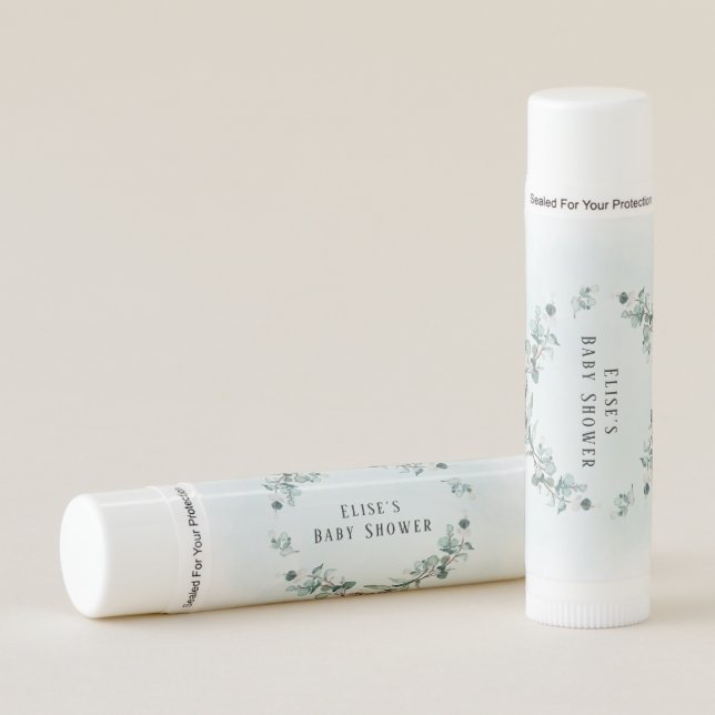 Dusty Blue Eucalyptus Boy Baby Shower Custom Lip Balm (Front)
