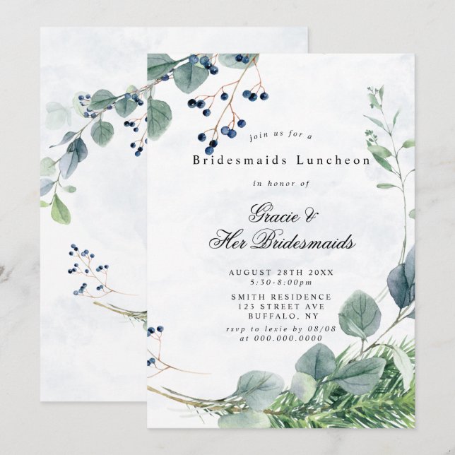 Dusty Blue Eucalyptus Bridesmaids Luncheon Invites (Front/Back)