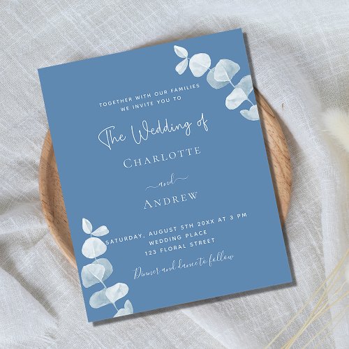 Dusty blue eucalyptus budget wedding invitation flyer