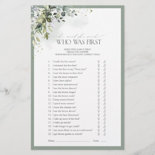 Dusty Blue Eucalyptus Floral Bridal Shower Game