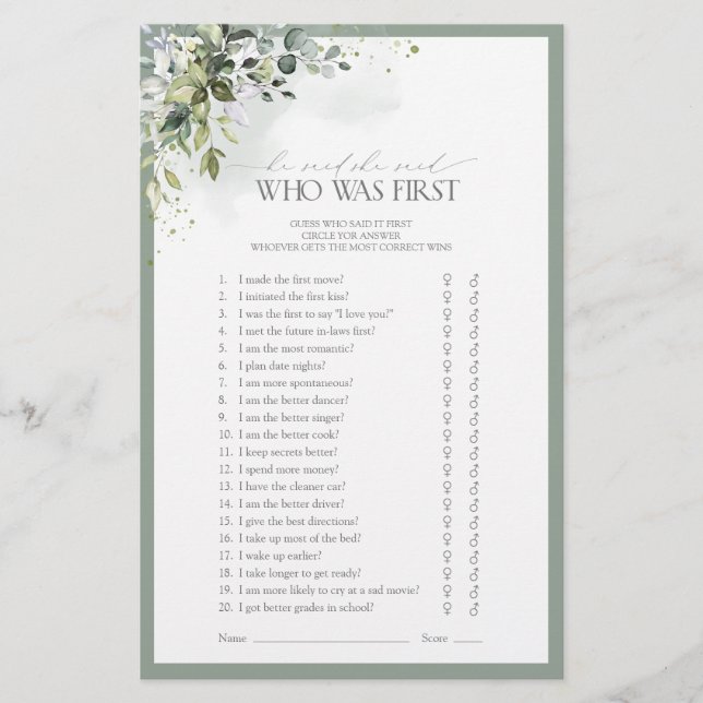 Dusty Blue Eucalyptus Floral Bridal Shower Game (Front)