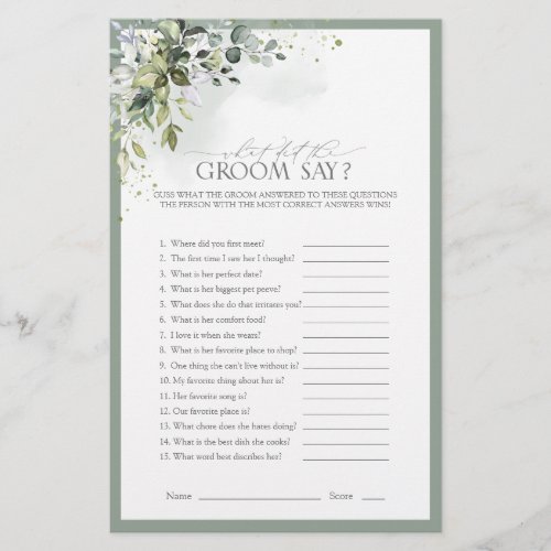 Dusty Blue Eucalyptus Floral Bridal Shower Game