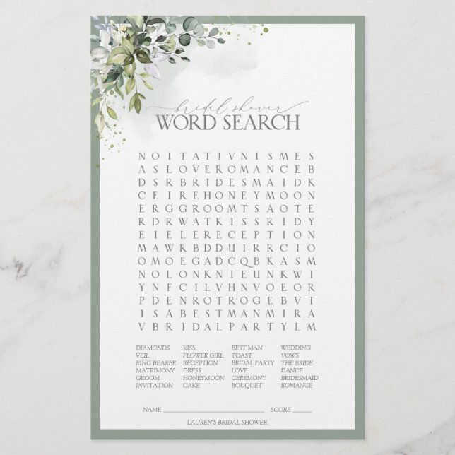 Dusty Blue Eucalyptus Floral Bridal Shower Game (Front)